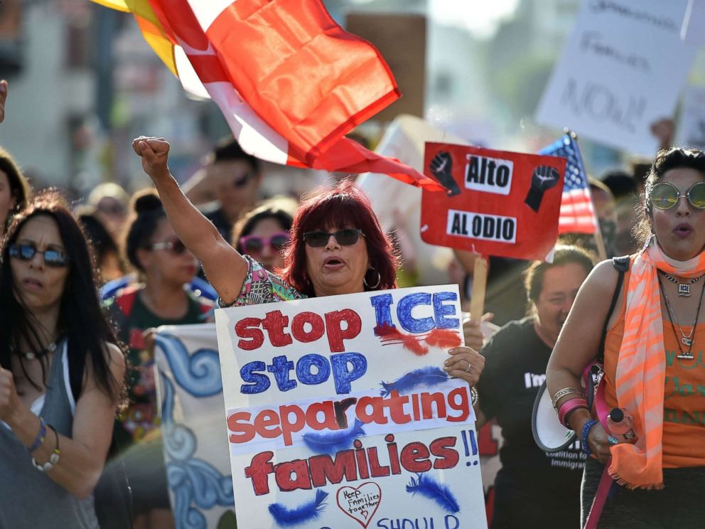 PHOTO: Critics of the U.S. policy which separates children their parents when they cross the border illegally from Mexico protest during a Families Belong Together March in downtown Los Angeles, June 14, 2018.