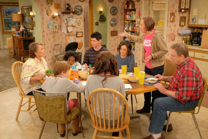 Roseanne's sister, Jackie (Laurie Metcalf), shows up in a "Nasty Woman" shirt on the "Roseanne" Season 10 premiere.