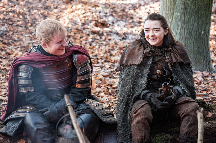 Ed Sheeran and Maisie Williams in &ldquo;Game of Thrones.&rdquo; She was happy to see him, at least.
