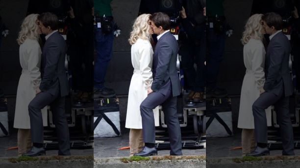 Tom Cruise seen kissing Vanessa Kirby during a scene for 'Mission Impossible 6' in Paris, France, on May 2, 2017.