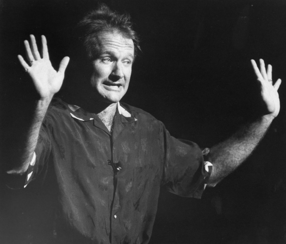 Robin Williams performs stand-up comedy during a fundraiser to benefit John Kerry's Senate campaign at the Wang Center in Bos