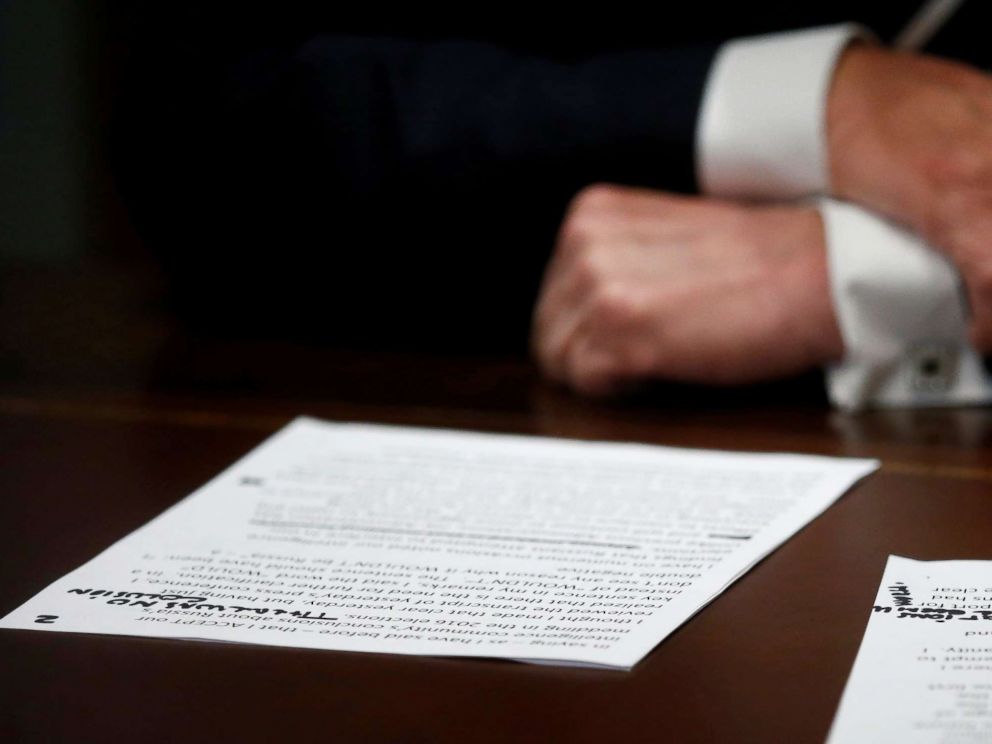 PHOTO: President Donald Trumps prepared remarks show his own handwritten note There was no collusion at the start of a meeting with members of the U.S. Congress at the White House in Washington, July 17, 2018.