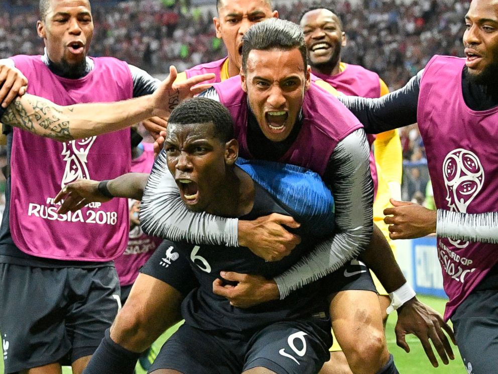PHOTO: Frances Paul Pogba celebrates after scoring his sides third goal during the final match between France and Croatia at the 2018 soccer World Cup in the Luzhniki Stadium in Moscow, Russia, July 15, 2018.