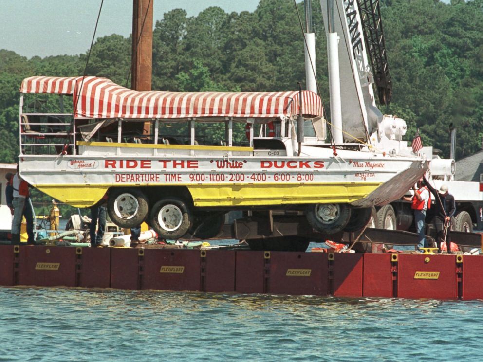 PHOTO: The amphibious tourist boat Miss Majestic that sank, May 1, 1999 in Lake Hamilton near Hot Springs, Ark., leaving 13 dead, is hoisted by a crane out of the lake, May 9, 1999.