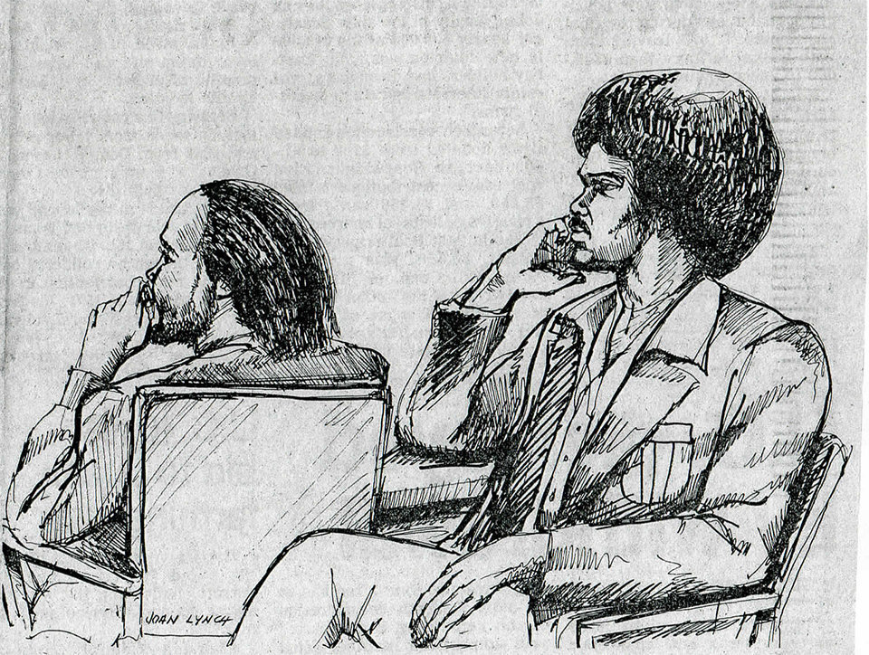 David Moore, left, and Kenneth Moore in a courtroom sketch.