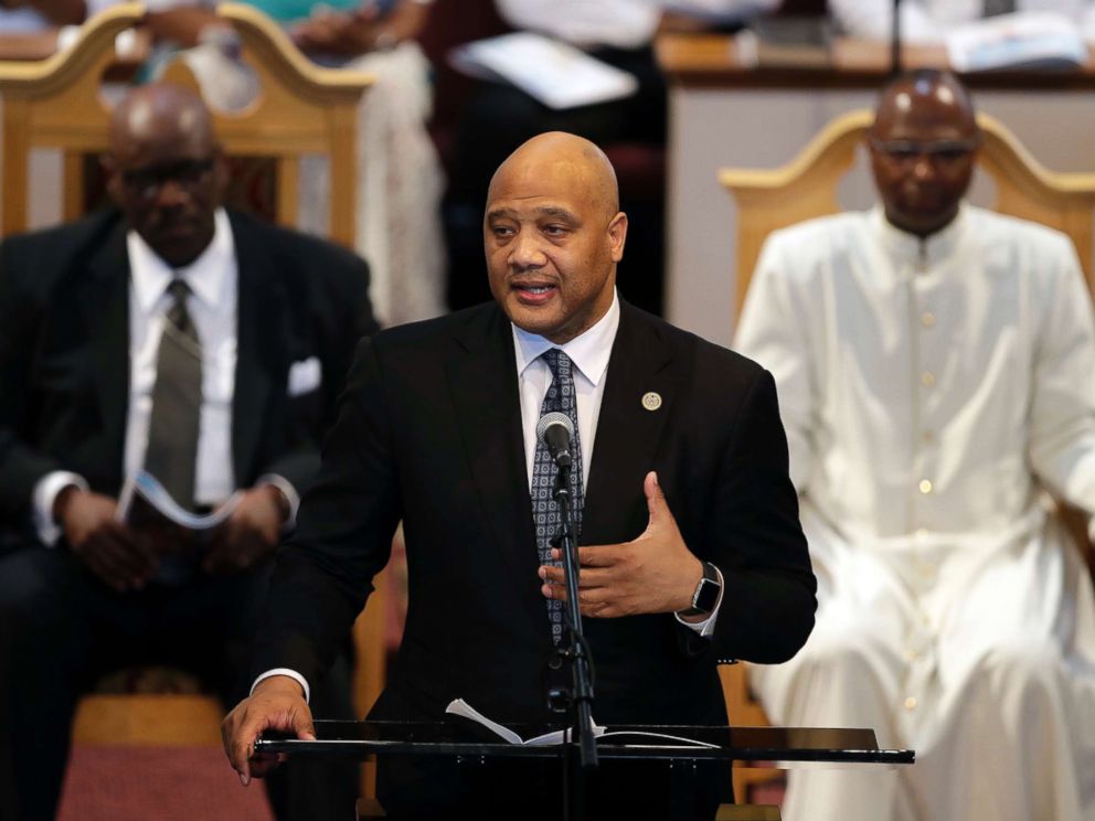 PHOTO: Congressman Andre Carson speaks during the funeral of Glenn Coleman, Reece Coleman, Evan Coleman and Arya Coleman, Friday, July 27, 2018, in Indianapolis.