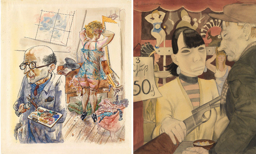George Grosz - Self-Portrait with Model in the Studio 1930-7 - Jeanne Mammen - At the Shooting Gallery 1929