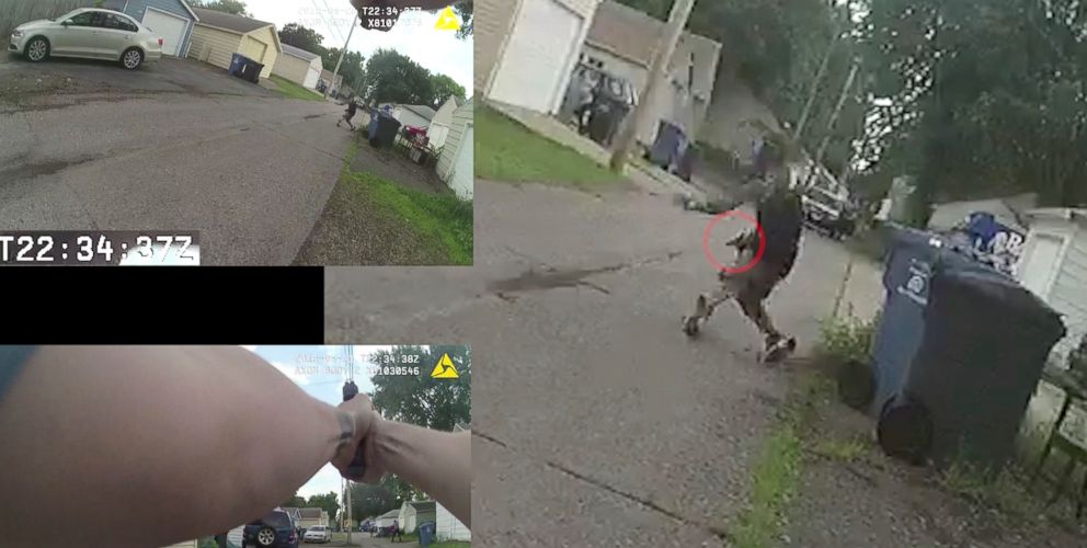 This June 23, 2018, image from multiple police cam videos provided by the Minneapolis Police Department shows a chase between Officers Justin Schmidt and Ryan Kelly and suspect Thurman Blevins, in Minneapolis.