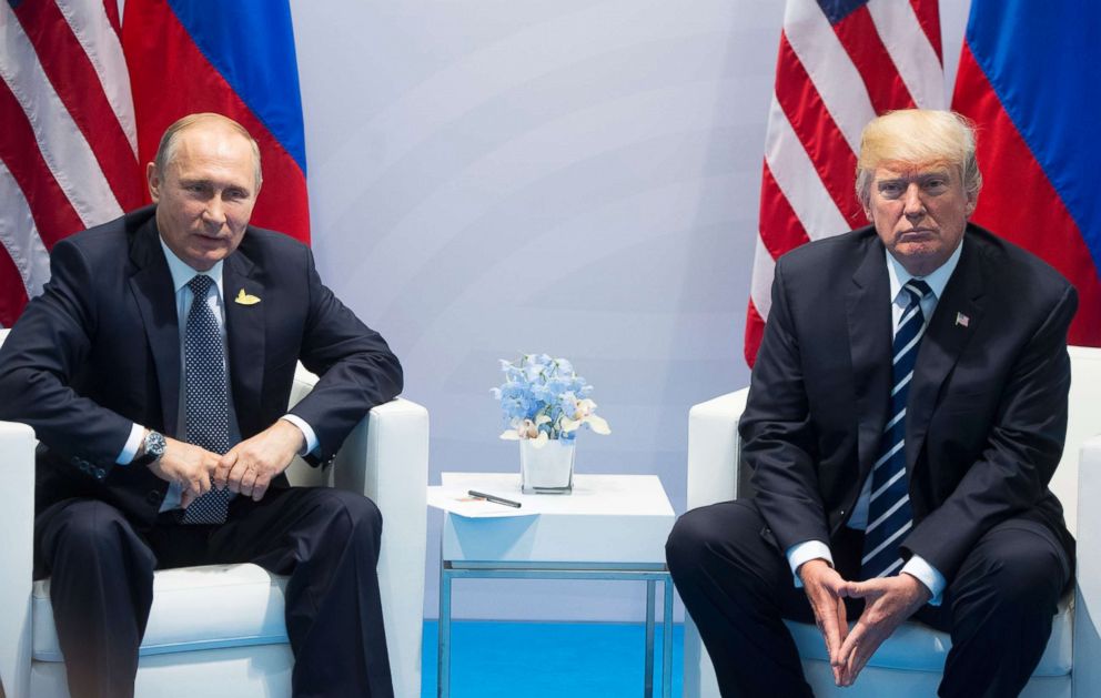 PHOTO: President Donald Trump, right, and Russian President Vladimir Putin pose for a photo during the G20 summit in Hamburg Germany, July 7, 2017.
