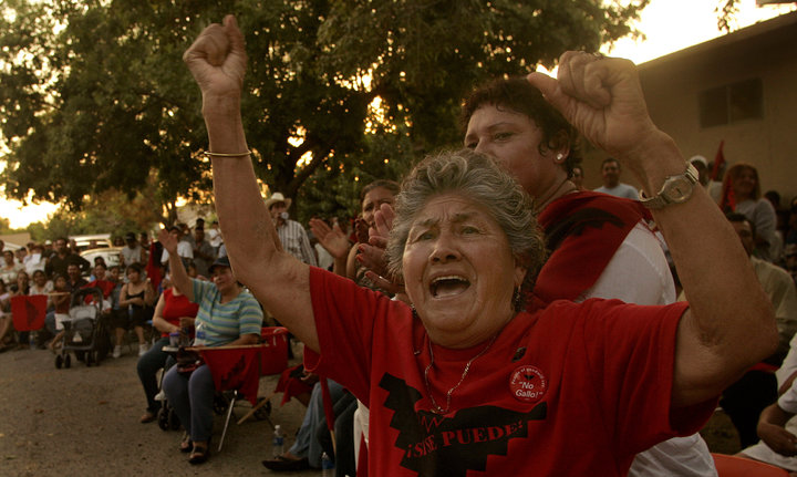 United Farm&nbsp;Workers supporter Carolina Holguin participates in a rally in Arvin, California, after a march in memory of 