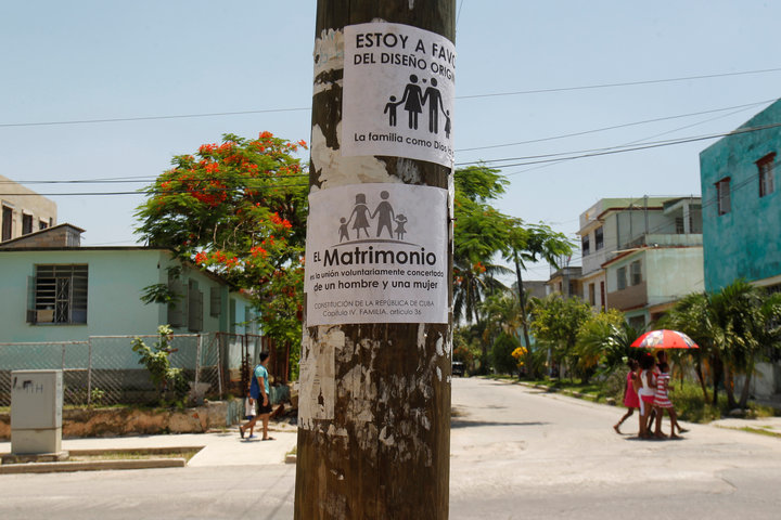 A placard opposing gay marriage is seen on a pole in Havana, Cuba, July 19, 2018. Picture taken July 19, 2018. The placard re