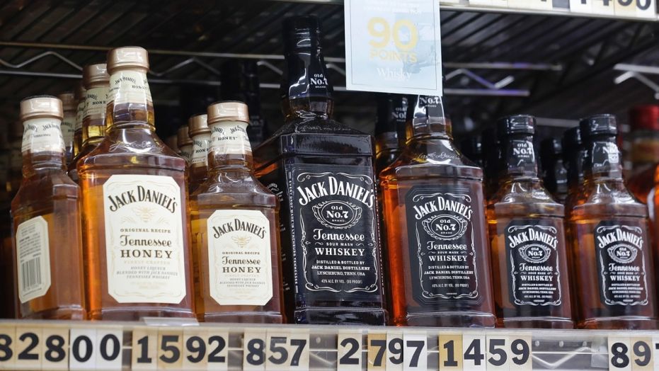 Bottles of Jack Daniel's liqueur and whiskey are displayed at Rossi's Deli in San Francisco, July 9, 2018. 