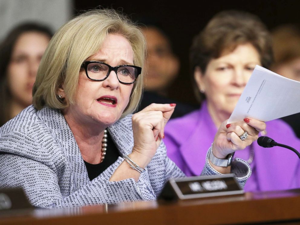 PHOTO: Sen. Claire McCaskill questions Secretary of Defense James Mattis about a new report detailing procurement violations involving a defense contractor at a hearing held by the Senate Armed Services Committee April 26, 2018 in Washington.