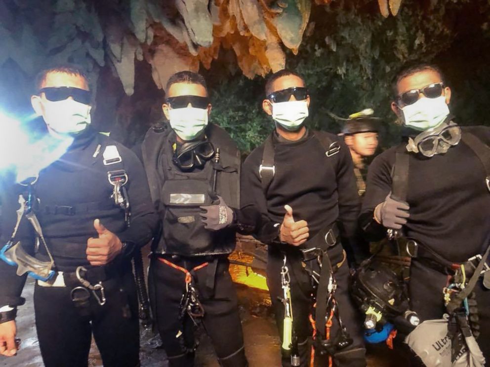 PHOTO: The three Royal Thai Navy SEAL divers and medics who stayed in the cave with the boys and coach since they were located on July 2. Officials said they emerged from the cave healthy shortly after the last rescues were made, July 10, 2018.