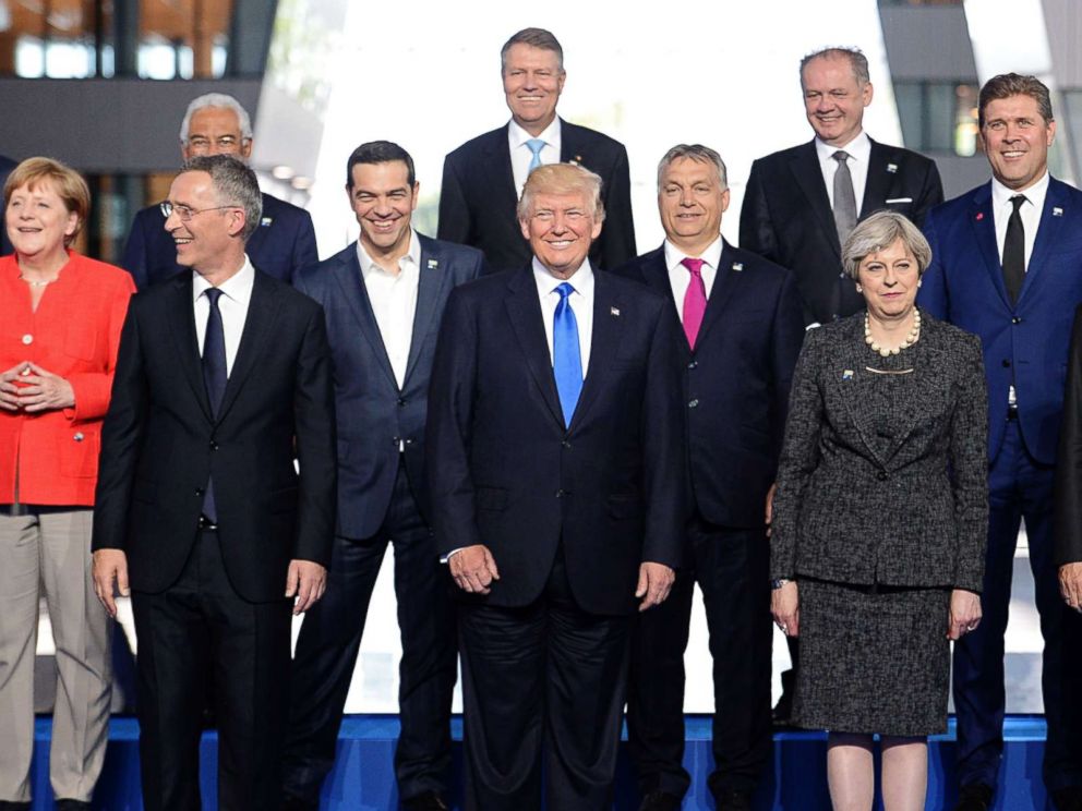 PHOTO: President Donald Trump stands with world leaders at the family picture during the NATO summit in Brussels, May 25, 2017.