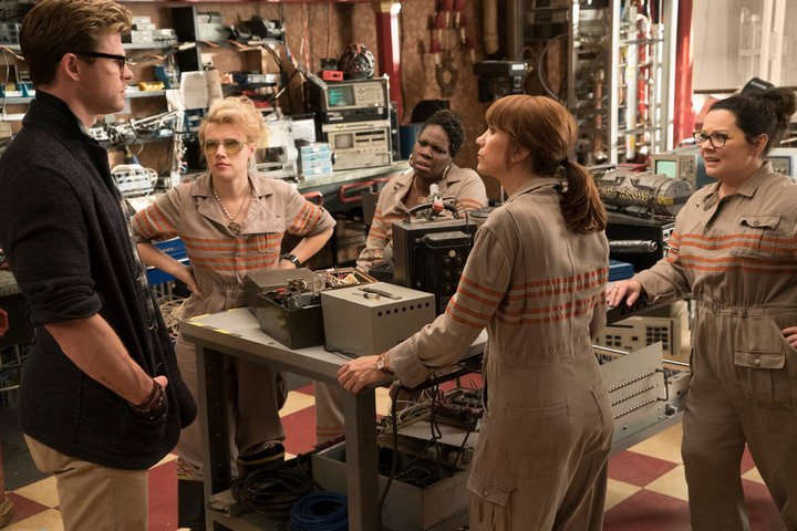 Chris Hemsworth, Kate McKinnon, Leslie Jones, Melissa McCarthy and Kristen Wiig in "Ghostbusters."