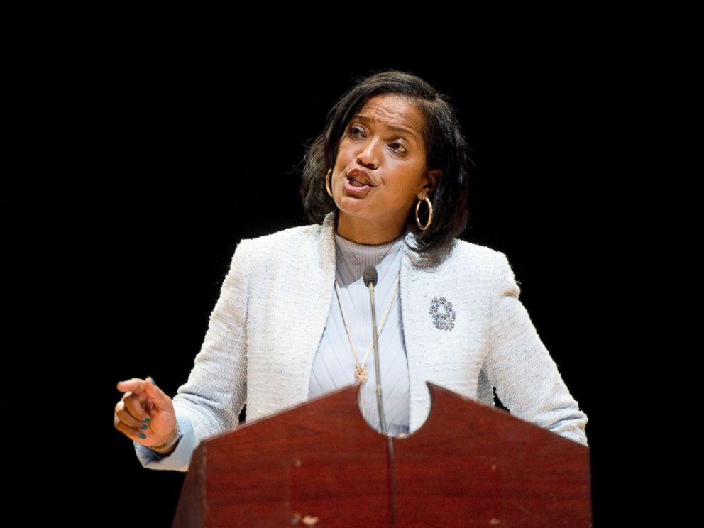 PHOTO: Candidate Jahana Hayes addresses delegates during the Democratic convention for the 5th District, May 14, 2018, at Crosby High School in Waterbury, Conn.