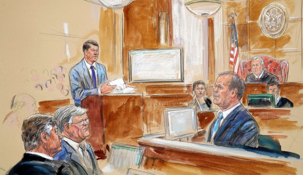 PHOTO: This courtroom sketch depicts Rick Gates, right, testifying during questioning by prosecutor Greg Andres, standing at left, as Manaforts trial continues at federal court in Alexandria, Va., Aug. 7, 2018.