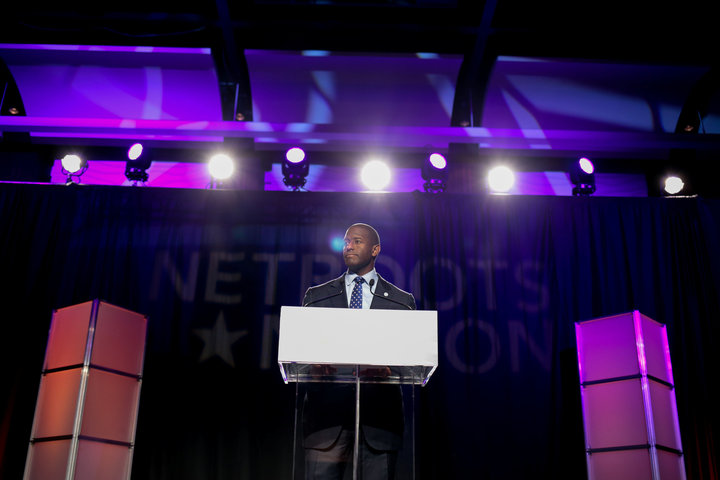 Andrew Gillum addresses the audience at the Netroots Nation annual conference for political progressives in Atlanta on Aug. 1