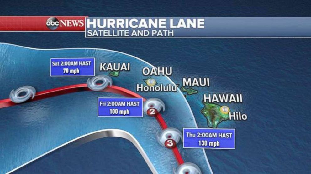 PHOTO: An ABC News weather map shows the path of Hurricane Lane for Hawaii.