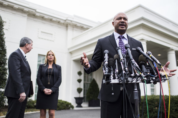 Indiana Attorney General Curtis Hill (R), seen here at a February press conference, is making a last-minute effort to block t