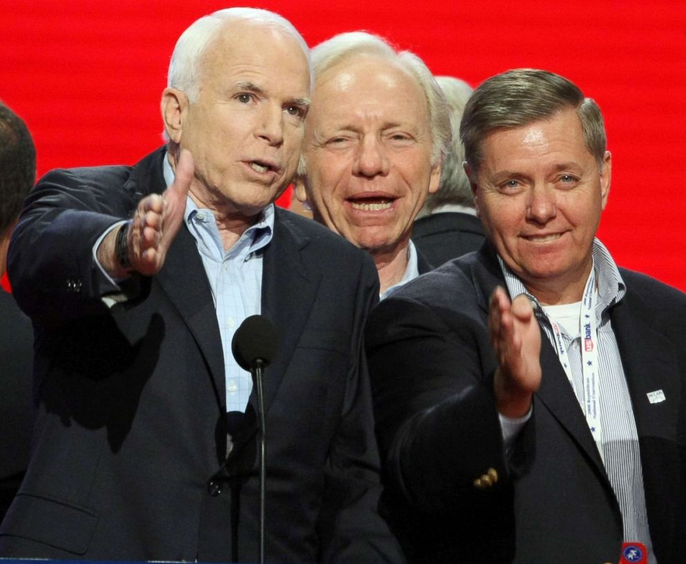 PHOTO: John McCain checks out the podium angles, along with Sen. Joseph Lieberman (center) and Sen. Lindsey Graham (R-SC), before the start of the Republican National Convention at the Xcel Energy Center in St. Paul, Minn., Sept. 4, 2008. 