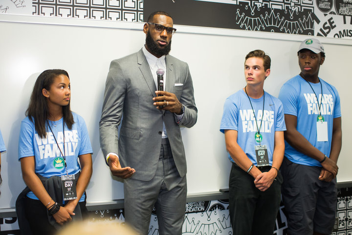LeBron James addresses the media following the grand opening of the I Promise school on July 30, 2018, in Akron, Ohio.