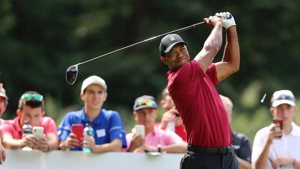 Tiger Woods watches his shot on the fifth hole during the final round of the Northern Trust golf tournament, Sunday, Aug. 26, 2018, in Paramus, N.J. (AP Photo/Mel Evans)