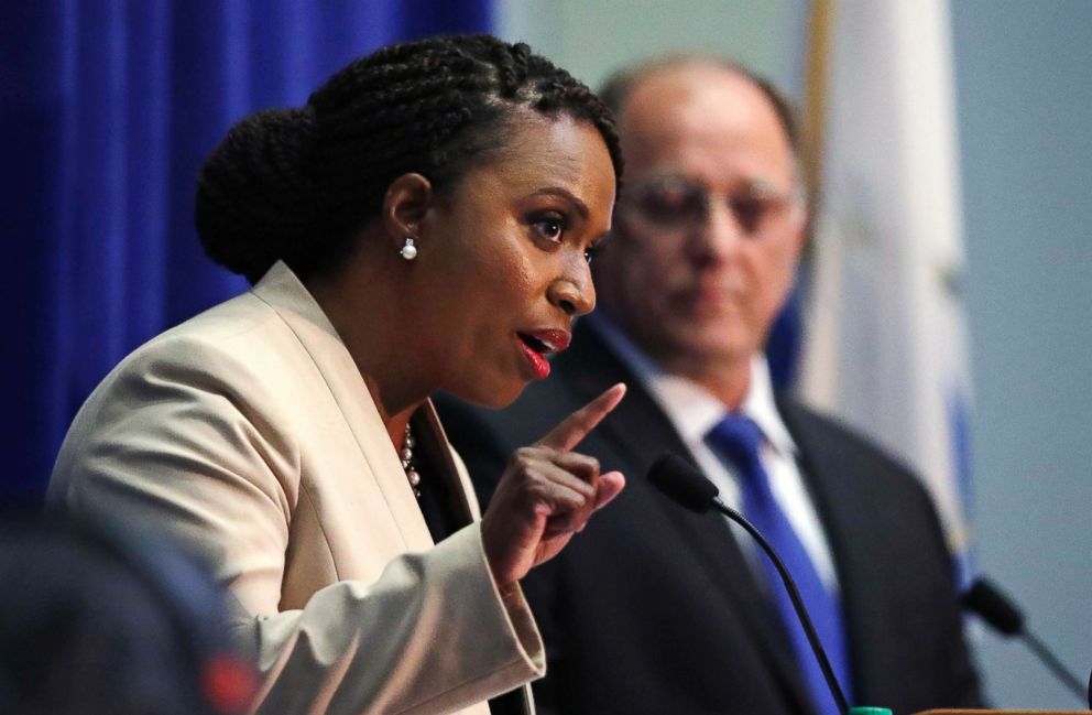 PHOTO: Boston City Councilor Ayanna Pressley, who is challenging Rep. Michael Capuano, D-Mass., gestures during a debate at the University of Massachusetts, in Boston, Aug. 7, 2018.