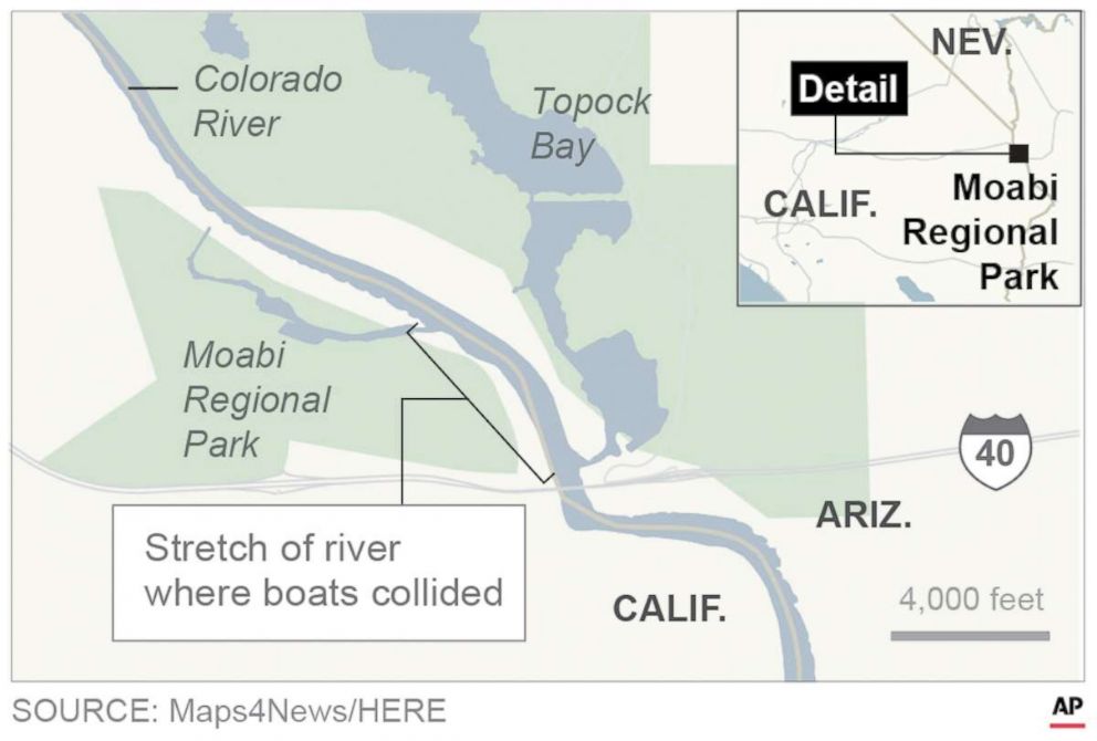 Map locates where boats collide on Colorado River.