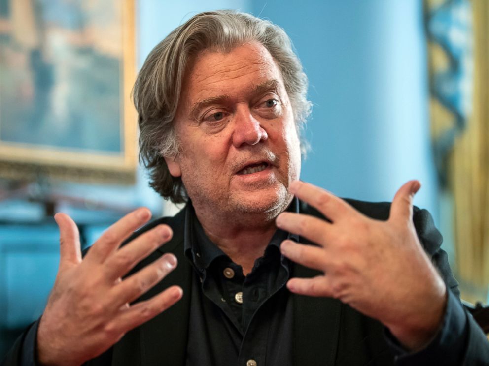 In this Aug. 19, 2018 file photo, Steve Bannon, President Donald Trumps former chief strategist, talks about the approaching midterm election during an interview in Washington.