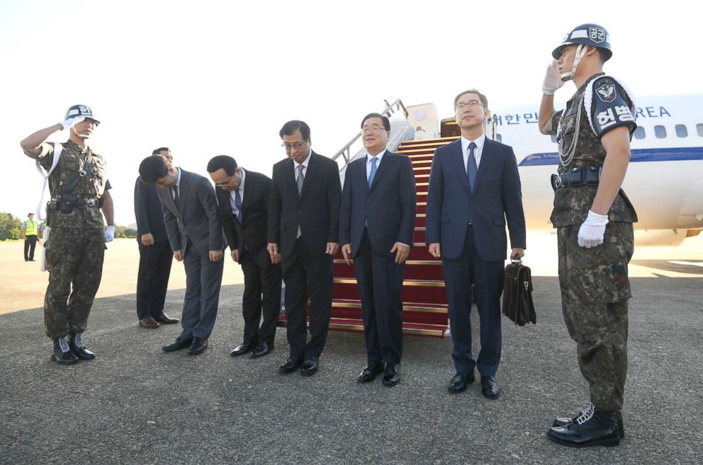 PHOTO: Chung Eui-yong (3rd R), head of the presidential National Security Office, and other delegaters pose before boarding an aircraft as they leave for Pyongyang at a military airport, Sept. 5, 2018, in Seounfnam, South Korea.