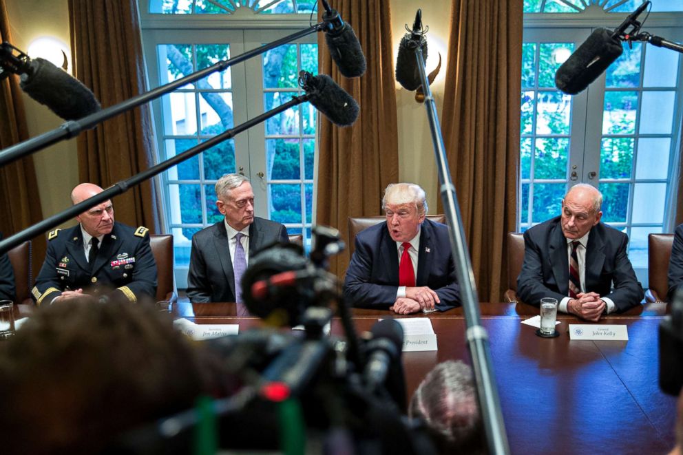 PHOTO: President Donald Trump, national security advisor H.R. McMaster, White House chief of staff John Kelly and Defense Secretary Jim Mattis attend a briefing in the Cabinet Room of the White House, Oct. 5, 2017, in Washington, D.C.
