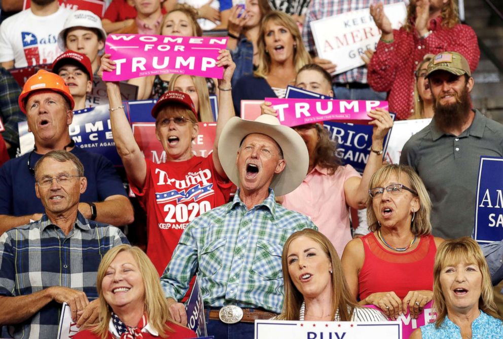 PHOTO: Supporters react during President Donald Trumps Make America Great Again rally in Billings, Mont., Sept. 6, 2018.
