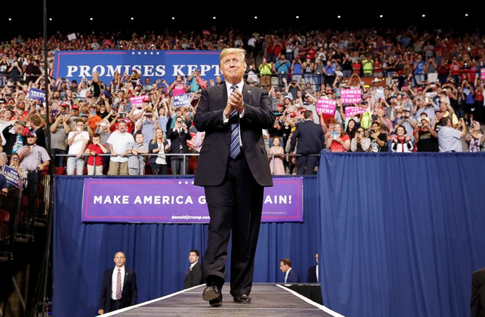 PHOTO: President Donald Trump greets the crowd as he arrives for a Make America Great Again rally in Billings, Mont., Sept. 6, 2018.