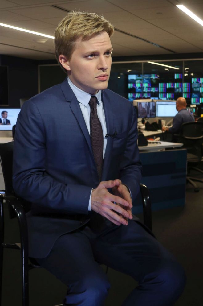 PHOTO: Ronan Farrow, a contributing writer for the New Yorker, speaks with reporters at Associated Press headquarters in New York City, July 27, 2018.
