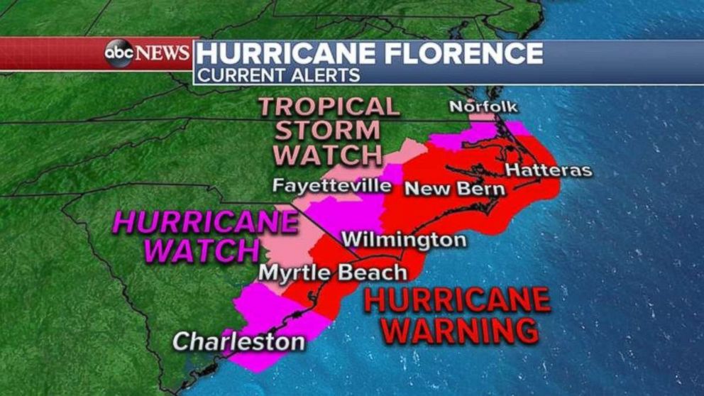 PHOTO: Hurricane warnings, watches and tropical storm watches are now in place for the South Carolina and North Carolina coasts.