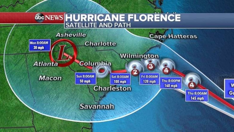 PHOTO: An ABC News weather map shows the satellite and path for Hurricane Florence on Sept. 12, 2018.