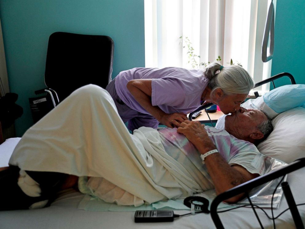 PHOTO: Marge Brown, 65, says goodbye to her father, George Brown, 90, before he is evacuated from a healthcare home in Morehead City, N.C., Sept. 12, 2018, as Hurricane Florence approaches the east coast.