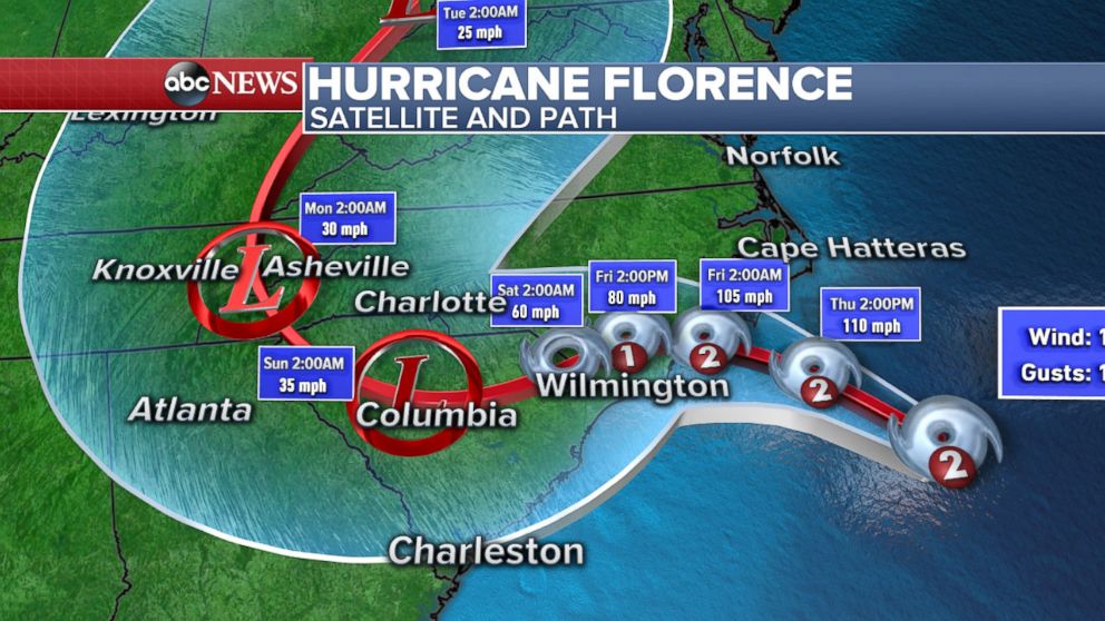 PHOTO: Map shows the projected path of Hurricane Florence as it heads toward the east coast of the U.S., Sept. 13, 2018.