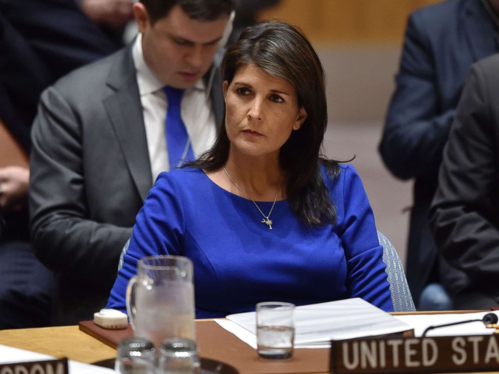 PHOTO: U.S. Ambassador to the United Nations Nikki Haley listens during a UN Security Council meeting, at the United Nations Headquarters in New York, April 14, 2018.