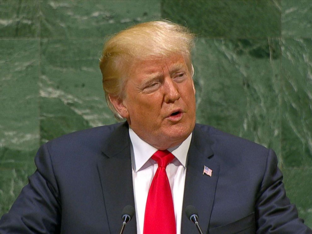 PHOTO: President Donald Trump speaks in front of the United Nations General Assembly in New York, Sept. 25, 2018.