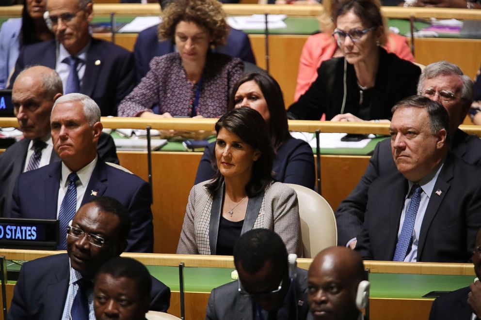 PHOTO: Vice President Mike Pence, United Nations Ambassador Nikki Haley and Secretary of State Mike Pompeo listen as President Donald Trump addresses the United Nations General Assembly in New York on Sept. 25, 2018.