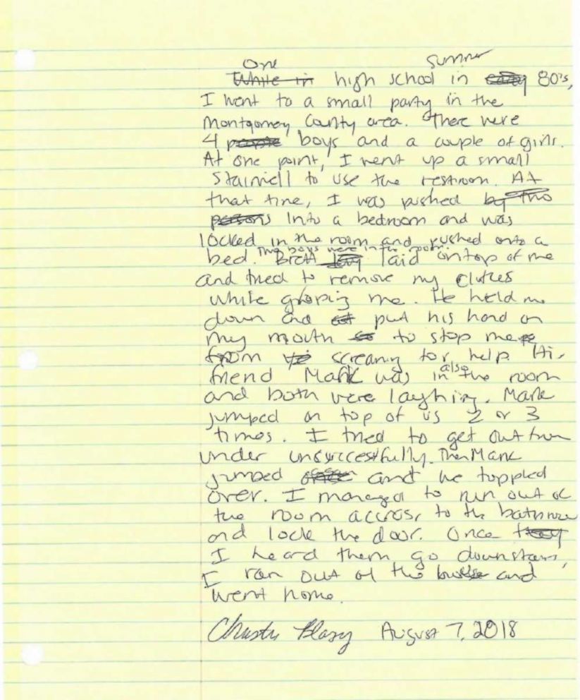 PHOTO: Christine Blasey Fords handwritten account of her allegations against Supreme Court Justice nominee Brett Cavanaugh dated Aug. 7, 2018, was sent to the Senate Judiciary Committee staff with her polygraph report.