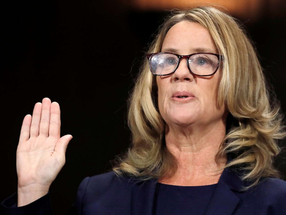 PHOTO: Professor Christine Blasey Ford is sworn in to testify before a Senate Judiciary Committee confirmation hearing for Kavanaugh on Capitol Hill in Washington, Sept. 27, 2018.