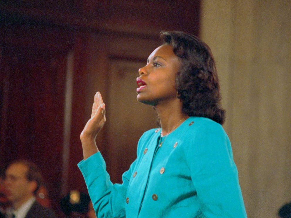PHOTO: Professor Anita Hill is sworn-in before testifying at the Senate Judiciary hearing on the Clarence Thomas Supreme Court nomination. Miss Hill testified on her charges of alleged sexual harassment by Judge Thomas, Oct. 11, 1991.