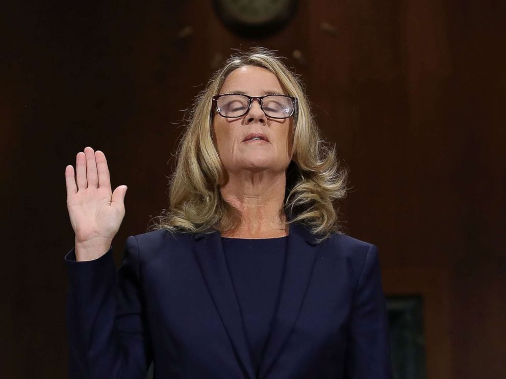 PHOTO: Christine Blasey Ford is sworn in before testifying the Senate Judiciary Committee in the Dirksen Senate Office Building on Capitol Hill, Sept. 27, 2018 in Washington.