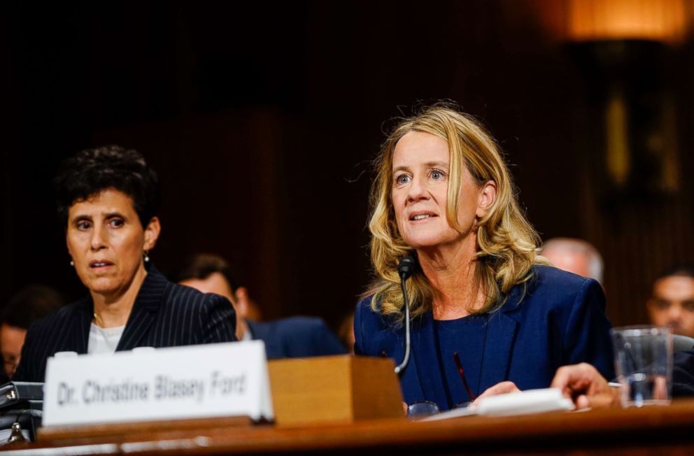PHOTO: Christine Blasey Ford, with lawyer Debra S. Katz, left, answers questions at a Senate Judiciary Committee hearing on Thursday, Sept. 27, 2018 on Capitol Hill.