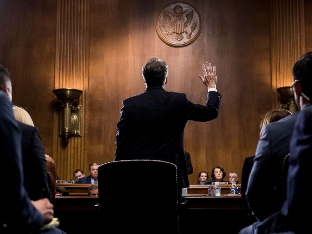 PHOTO: Supreme Court nominee Judge Brett Kavanaugh is sworn in before testifying during the Senate Judiciary Committee, Sept. 27, 2018 on Capitol Hill in Washington.