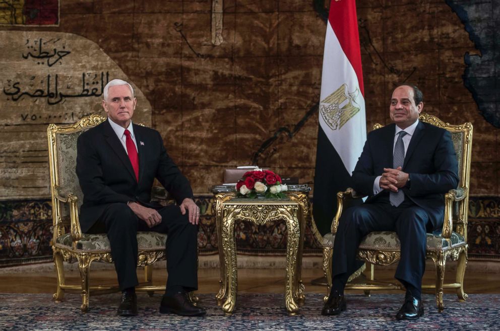 PHOTO: Egyptian President Abdel Fattah al-Sisi (R) meets with Vice President Mike Pence (L) at the Presidential Palace in the capital Cairo on Jan. 20, 2018.